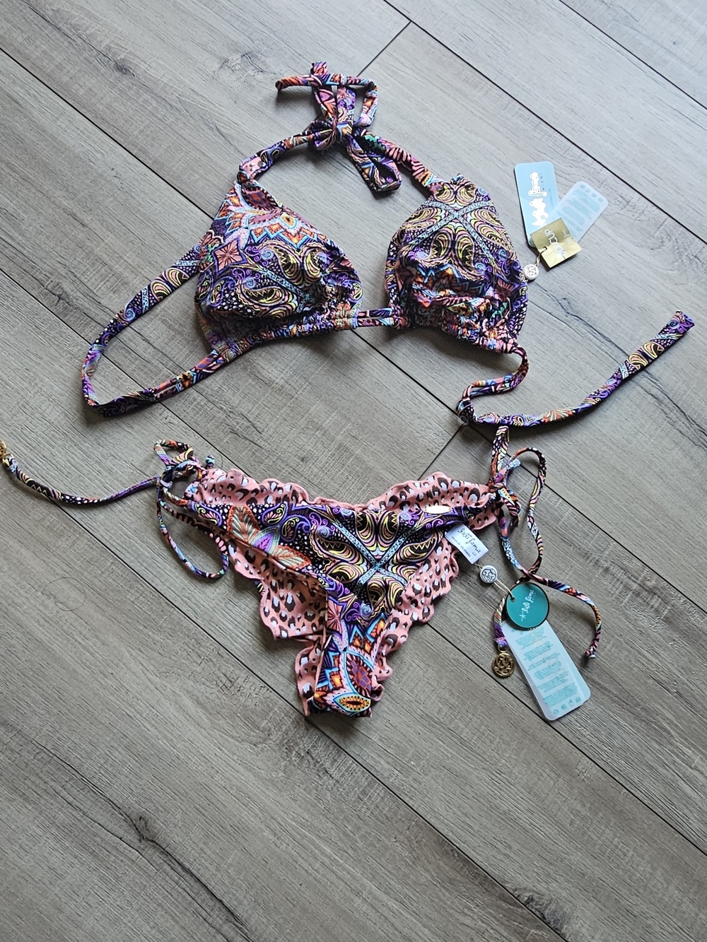 Luli Fama Pink Leopard & Paisley Print Bikini Top with Multicolor Braided Ties